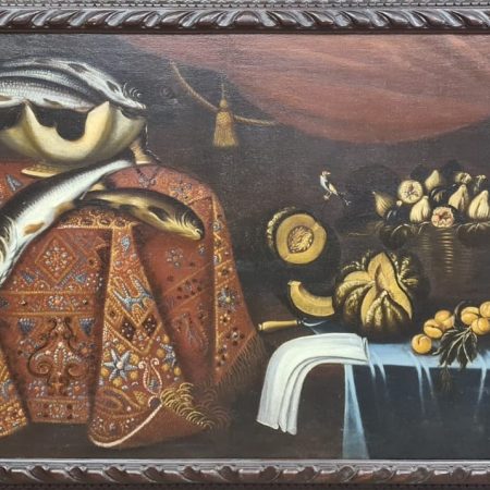 NATURA SILENTE CON TROTE. FRUTTA E CARDELLINO -  GIACOMO DESTI DETTO IL CARDELLINO (ATTIVO A CREMA NEL 700)