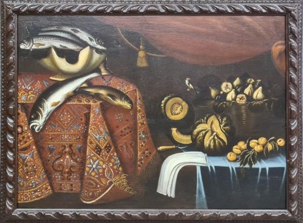 NATURA SILENTE CON TROTE. FRUTTA E CARDELLINO -  GIACOMO DESTI DETTO IL CARDELLINO (ATTIVO A CREMA NEL 700)